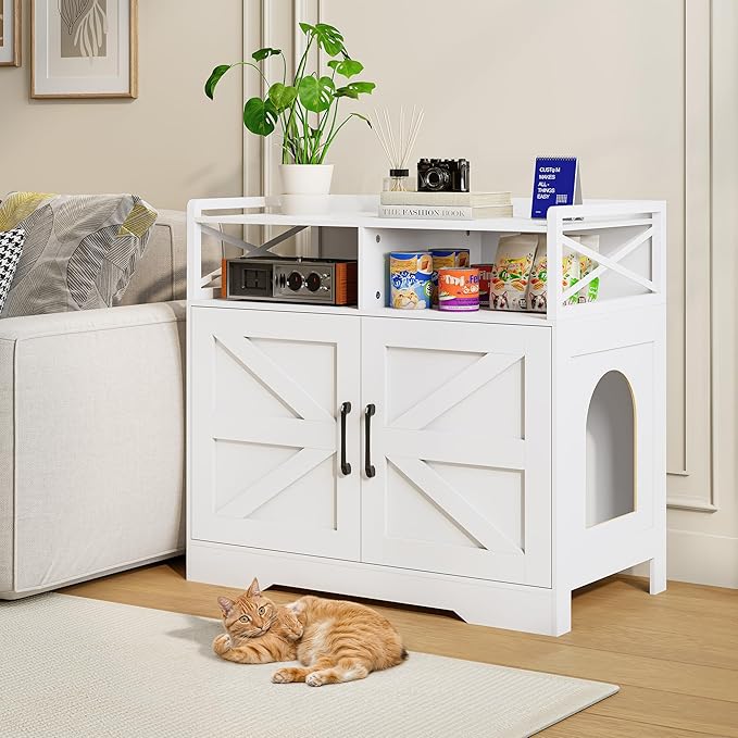 Cat Litter Box Enclosure, Ultra-Large Hidden Litter Box Furniture with Top Opening, Anti-Tipping Fence and 2 Open Drawers, Litter Box Cabinet End Table, White