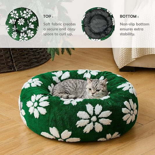 Donut Dog Beds for Small Dogs, Calming Round Cat Beds for Indoor Cats, Cute 3D Textured Flower Pet Bed with Removable Washable Cover and Anti-Slip Bottom（Green，23"）