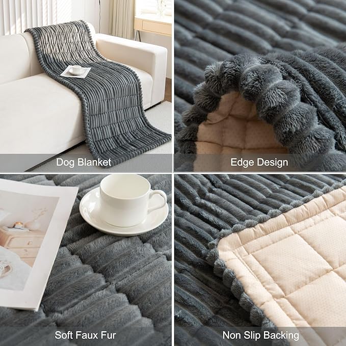 Faux Fur Plush Dog Couch Cover 3D Stripe Fuzzy Sofa Cover Non-Slip Fluffy Dog Bed Cover Pet Blanket Sofa Couch Furniture Protector for Puppy Large Dog Cat (Dark Grey,28"x70")