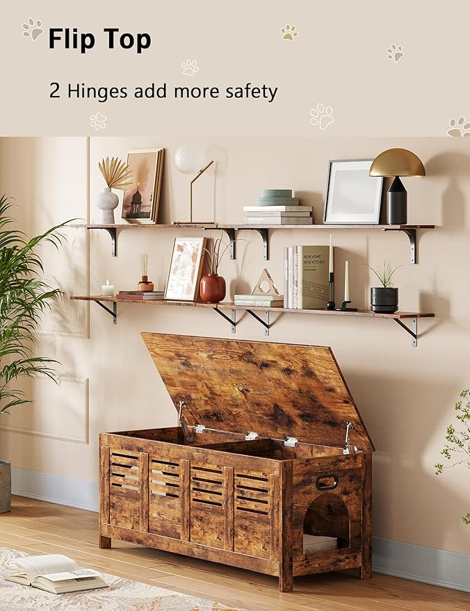 DINZI LVJ Litter Box Enclosure Furniture for 2 Cats, Top Opening Hidden Litter Box with Double Rooms, Dual Cat House with Good Ventilation, 47.2" Wooden Cat Washroom, Box Cabinet, Rustic Brown