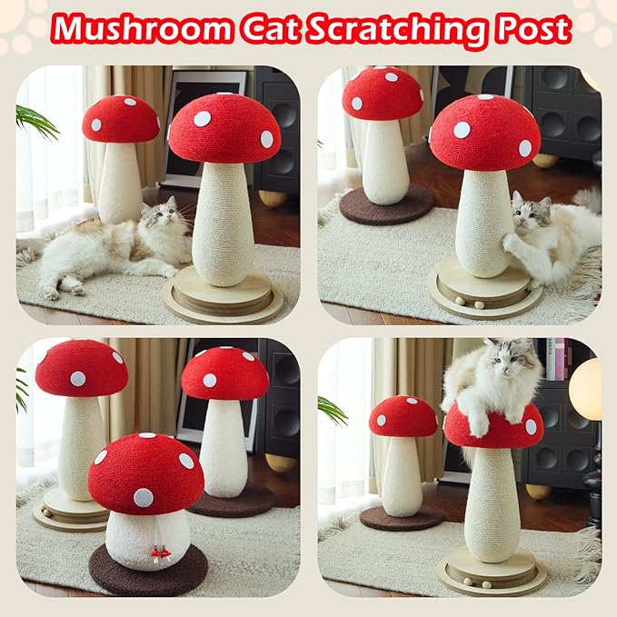 21‘’ H Cat Scratching Post,Cute Mushroom Cat Scratcher Post with Durable Solid Wood Turntable Toy,Mushroom Shape Design Cat Toy Cat Tree Scratcher for Indoor Cats