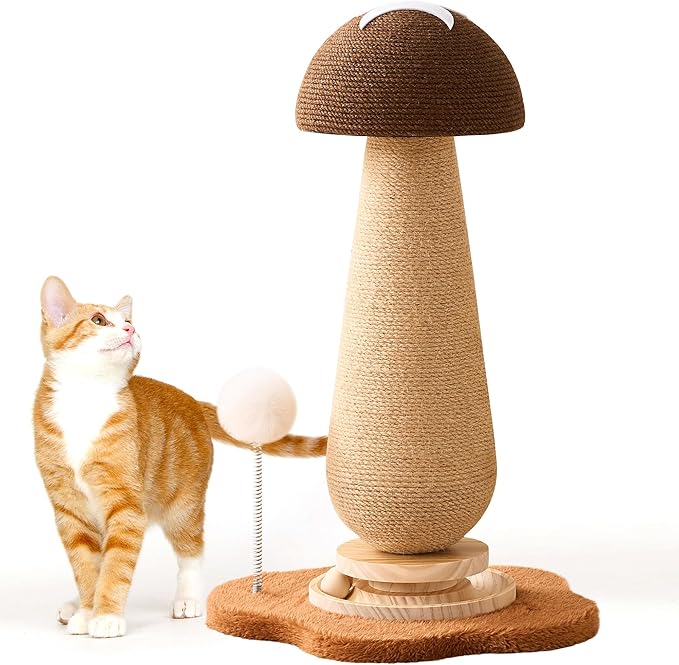 21.5‘’ H Cat Scratching Post with Catnip,Cute Mushroom Cat Scratcher Post with Durable Natural Solid Wood Turntable Toy,Acorn Brown Mushroom Shape Cat Toy Cat Sisal Scratcher for Indoor Cats