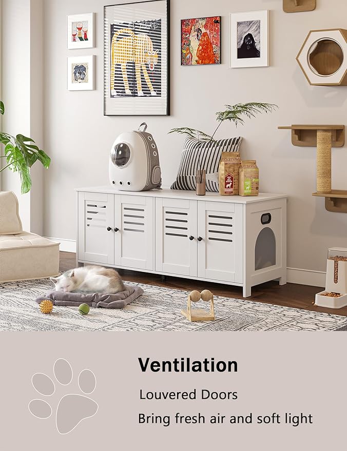 DINZI LVJ Litter Box Enclosure for 2 Cats, Hidden Litter Box Furniture with Double Rooms, Dual Cat Litter House, Front Doors, 47.2" Wooden Hidden Cat Washroom, Side End Table, TV Stand, White