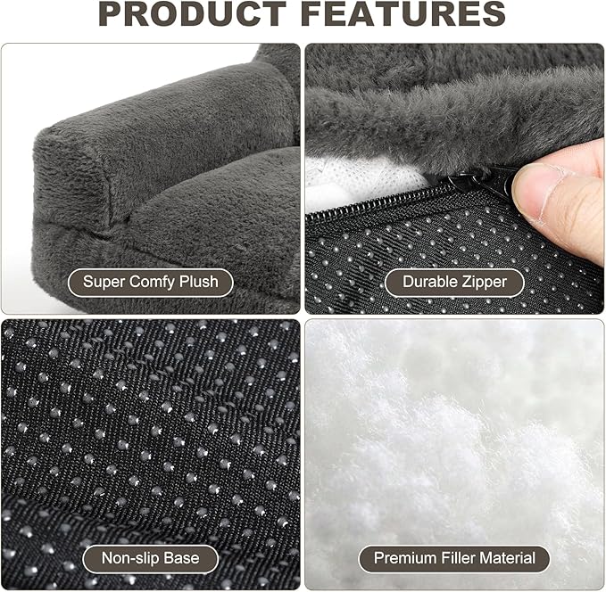 Cat Couch Bed - Cat Bed for Indoor Cats, Calming Pet Sofa Puppy Sleeping Bed with Removable Washable Cover, Cute Dog Couch and Kitty Lounge Chair for 12lbs Cats & Small Dogs(Dark Grey)