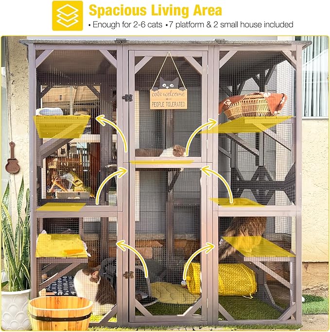 Aivituvin Cat House Outdoor Catio Kitty Enclosure with Super Large Enter Door,Wooden Cat Cage Condo Indoor Playpen with Platforms,Small House 71 Inch