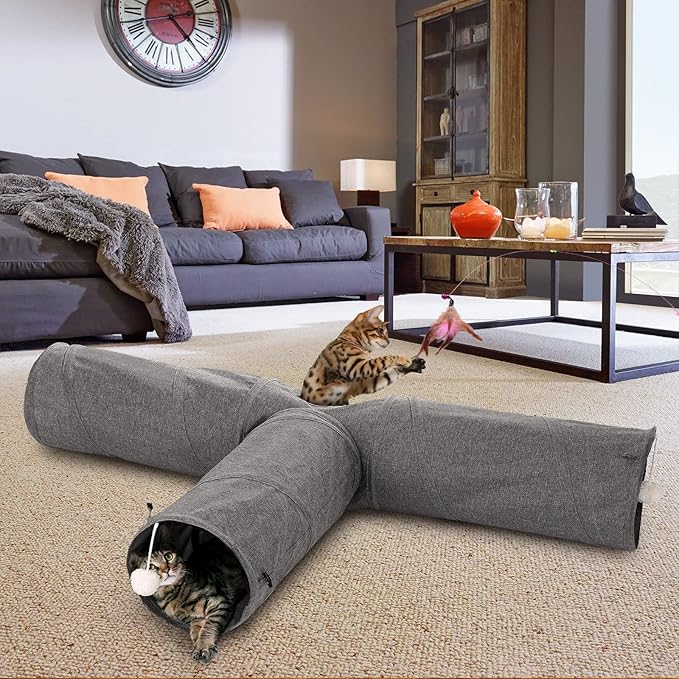 Ownpets Cat Tunnel, 3 Way Collapsible Kitty Tunnel 47 inch Long Cat Tube with Plush Ball & Feather Toy, Cat Play Tunnel for Indoor Cat, Kitten, Rabbit