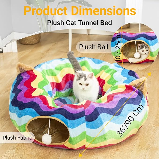 LUCKITTY Large Cat Tunnel Bed with Plush Cover,Fluffy Toy Balls, Small Cushion and Flexible Design- 10 inch Diameter, 3 ft Length- Great for Cats, and Small Dogs, Rainbow Wave Color