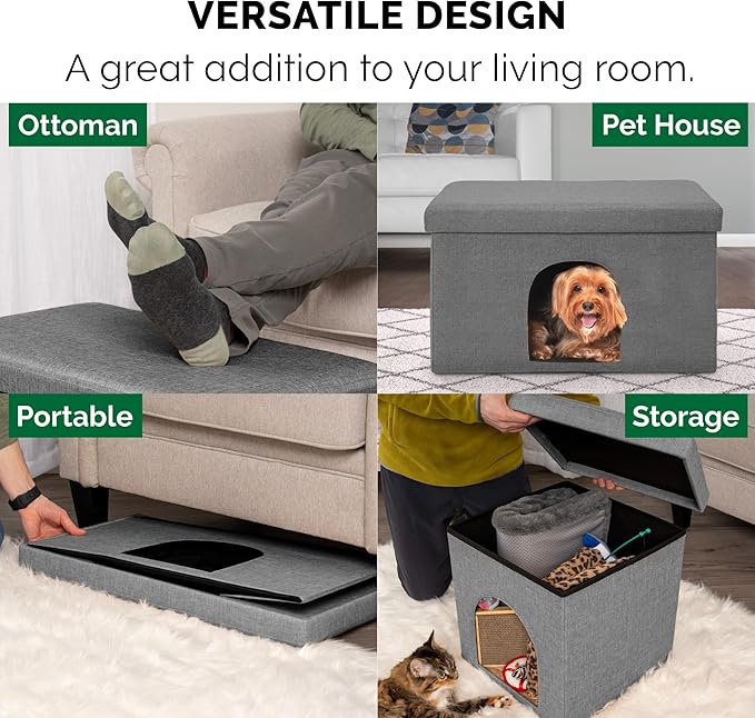 Furhaven Pet House for Indoor Cats & Medium/Small Dogs, Collapsible & Foldable w/ Plush Ball Toy - Living Room Ottoman Cat Condo - Stormy Gray, Large