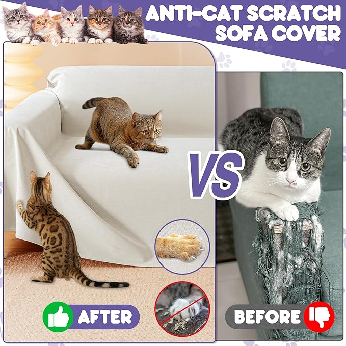 Cat Scratch Furniture Protector - Anti-Slip, Waterproof Sofa Cover to Keep Cats Off, Pet-Friendly Couch Protectors for 3 Cushion Couch, Beige Anti-Scratch Couch Cover for Pets and Kids 134"X71"