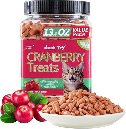 Just Try 13.4 OZ Urinary Tract Cat Treats for Indoor Cats Health Supplement Cranberry & D-Mannose for Kidney Bladder UT Support Salmon Flavor Crunchy Chews Cat Loves
