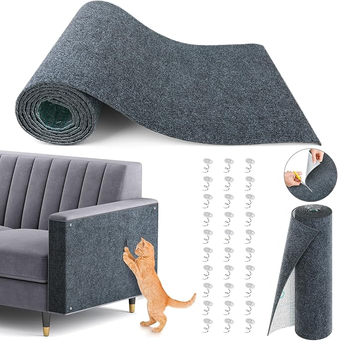 Cat Scratch Couch Furniture Protector, 78.7" x 15.8" Self-Adhesive Cat Scratch Mats, Trimmable DIY Cat Scratcher Pads for Wall, Couch Corner, Cat Tower and Replacement Pads (Gray)