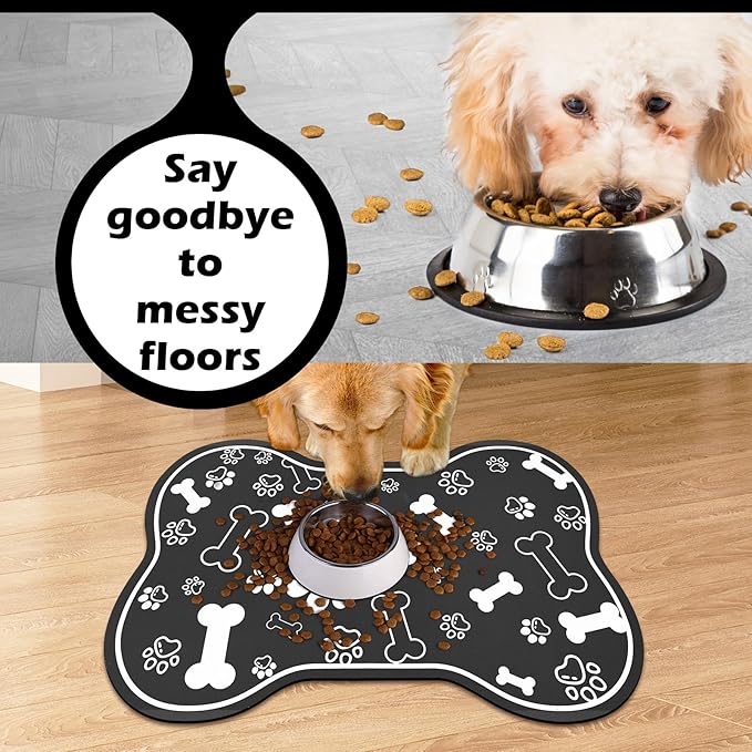 Dog Cat Food Mat,Rapid Absorbent Pet Feeding Mat, Bone Shaped Dog Placemat Water Bowl Mat with Rubber Backing,No Stains Dog Cat Food Mats Indoor, Pet Accessories Supplies 17"×29" Black