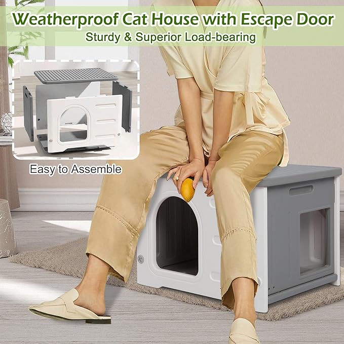 Deblue Plastic Cat House for Indoor & Outdoor, Waterproof Feral Cat House with Escape Door, Sturdy Pet Shelter for Cats, Puppy, Rabbit, Easy to Assemble and Clean-Grey