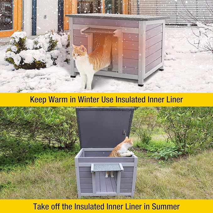 Cat House Outdoor Dog House with Insulation Liner Rabbit Hutch Feral Kitty Shelter for Outdoor Cats Cat Shelter for Winter