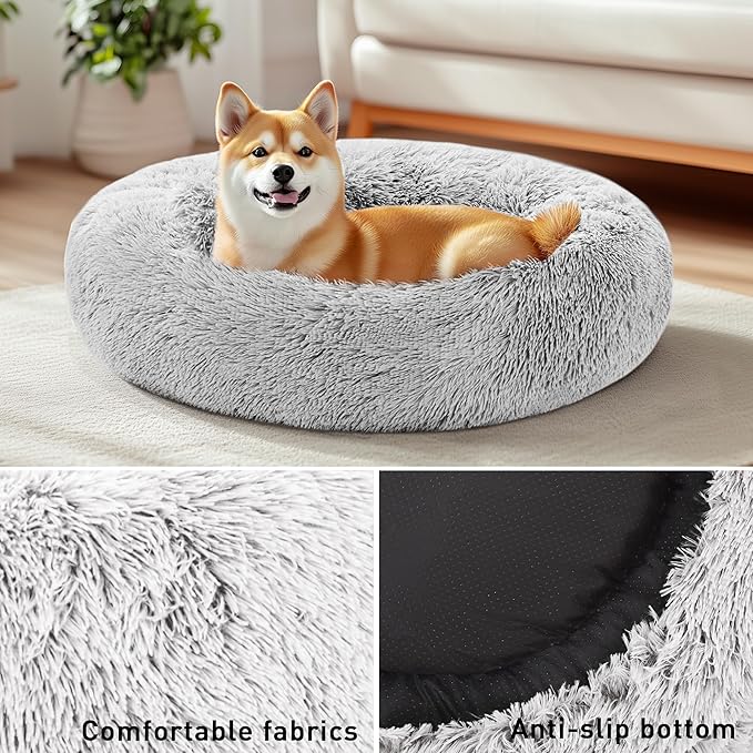 Love's cabin Calming Dog & Cat Bed, Cat Bed for Indoor Cats,Anti-Anxiety Donut Round Dog Bed,Fluffy Faux Fur Washable Bed for Small Medium Pet,Grey,30"