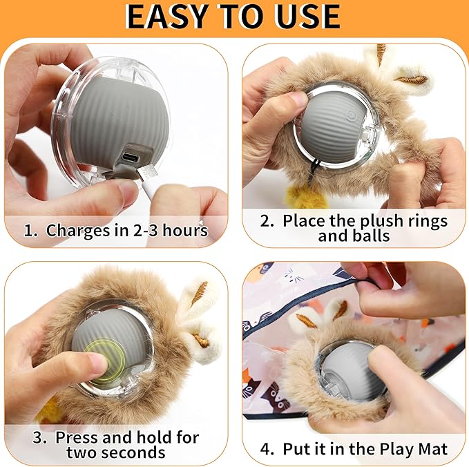2 Packs Interactive Cat Toy Ball - Rechargeable Automatic Cat Toys for Indoor Cats, Self-Rolling Hunting Game Toy with Quiet Motor & USB-C Charging