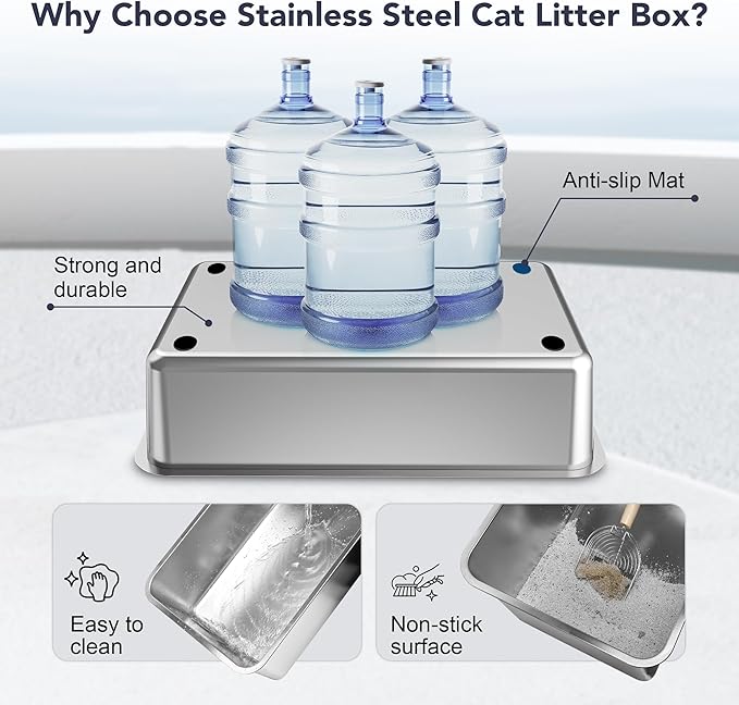 UPSKY Stainless Steel Cat Litter Box with Lid, XL Large Metal Litter Box for Large Breeds, Enclosed Kitty Litter Pan with High Sides, Leak-Proof & Non-Stick, Easy to Clean, Scoop and Mat Included