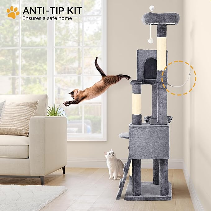 YITAHOME 70.8-Inch Tall Cat Tree Indoor: Multi-Level Kitten Tower with Kitty Condos, Top Perches, Scratching Posts & Cozy Basket Pet Play House Light Gray