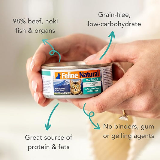 Feline Natural New Zealand Canned Catfood Wet Food, High-Meat, Low-Carb, & Grain Free Cat Food Wet, Beef & Hoki Feast, 3 oz, Pack of 24