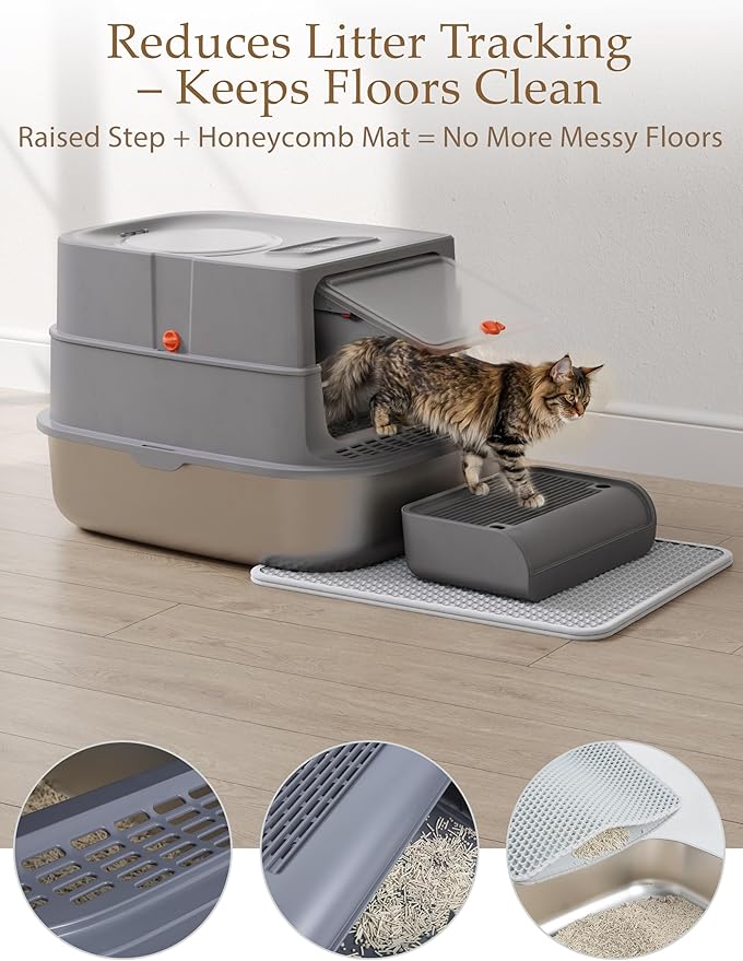 XXL Stainless Steel Covered Cat Litter Box with Lid – Extra Large Enclosed Metal Litter Box for Big Cats, Leak-Proof, Odor Control, Top Exit, Scoop, Pedal & Non-Slip Mat, Easy to Clean