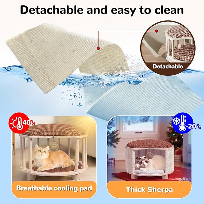 Solid Wood Cats House Stool, 300-lb Capacity. Large Cat Bed Cave for Indoor Cats & Humans. Cat Toy Ball, Removable Scratching Pad, Fleece Blanket. Suitable for Pets Under 20 lbs. 15.7"x15.7"x10.6"