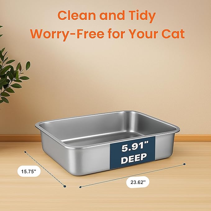 23.6" x 15.7" x 5.7" TIUUBT Stainless Steel Litter Box for Pan, Cat Litter Box, High Side for Big Cats, Anti-Leakage, Odor Control