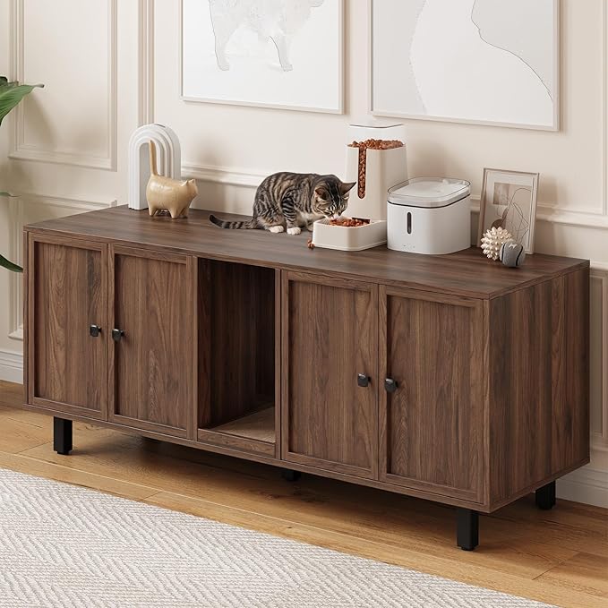 59 Inches Cat Litter Box Enclosure for 2 Cats, Hidden Litter Boxes Furniture with Cat Scratch Pad, Large Indoor Pet House with Double Room, Wooden TV Stand Side Table, Walnut