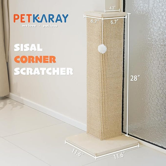 PETKARAY Couch Corner Cat Scratcher, 28'' Corner Scratching Post Cat Wall Scratcher, Sisal Scratch Pad for Sofa, Wall Furniture Protector with Toy Ball