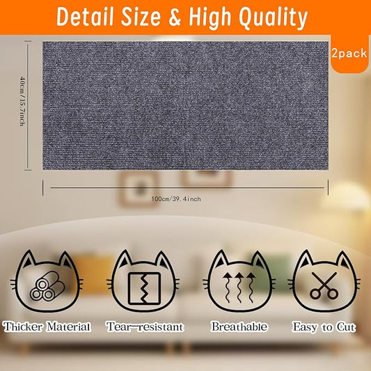 Cat Scratching Mat, Self-Adhesive Cat Scratching Carpet, Trimmable at Scratch Furniture Protector for Cat Tree Shelves, Cat Scratching Post Couch Protector (2PCS, 100 * 40CM, Grey)