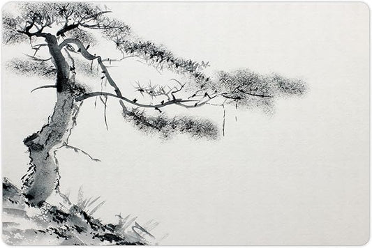 Lunarable Asian Pet Mat for Food and Water, Lone Pine on Mountain Slope Art Traditional Chinese Painting Style Oriental Culture, Rectangle Non-Slip Rubber Mat for Dogs and Cats, Grey White