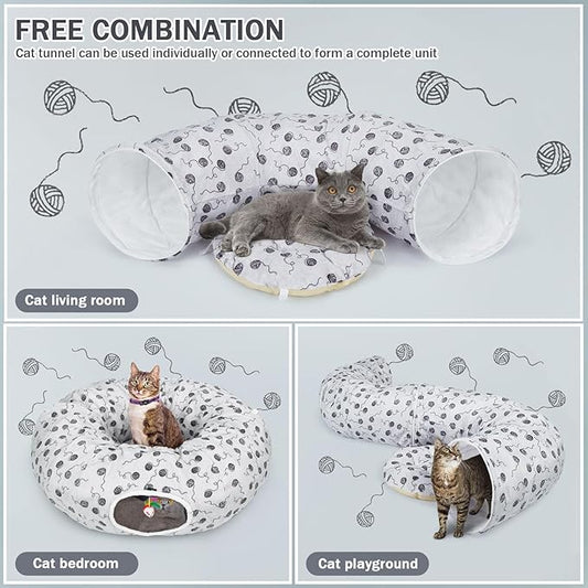 Ownpets Large Cat Tunnel Bed for Indoor Cats, Soft Plush Cat Donut Tunnel with Washable Cushion for Kitten, Puppy, Rabbit, Gray
