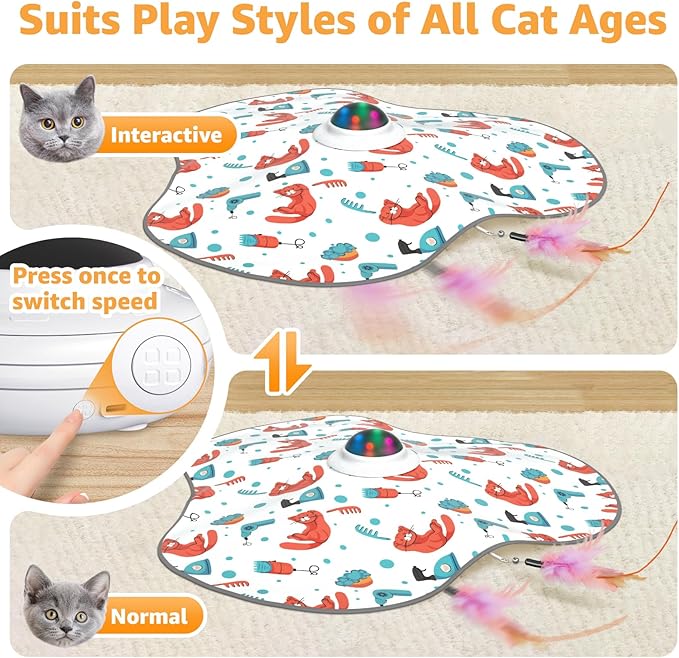Interactive Cat Toys Rechargeable: Moving Concealed Feathers with Chime - Hide and Seek Toys,Touch Cat Kitten Toy Exercise Toys for Indoor Bored Adult Cats,White