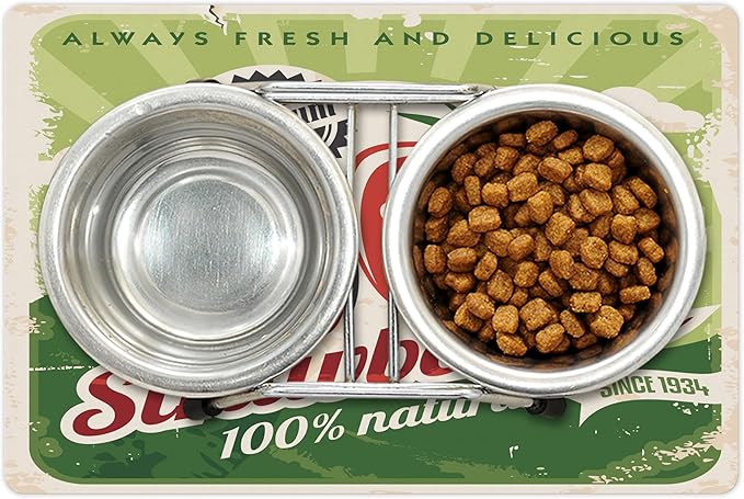 Lunarable Strawberry Pet Mat for Food and Water, Farmers Market Poster Design with Grunge Worn Out Effect, Non-Slip Rubber Mat for Dogs and Cats, 18" X 12", Red Green