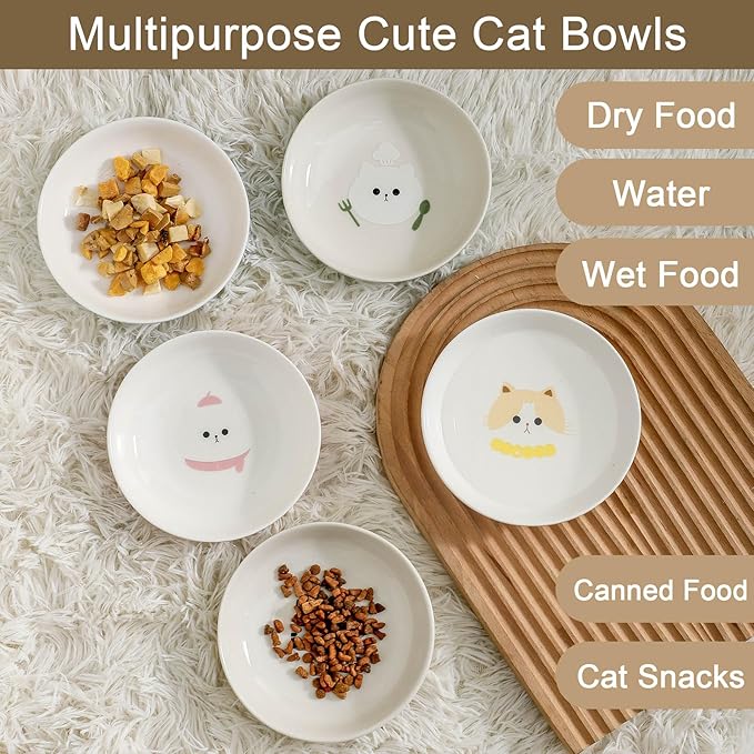 Ceramic Cat Bowls Set - 5.5 inch Wide Cat Food Bowls Whisker Fatigue Friendly, 5 Colorful Kitten Dish Plates with Cute Pattern for Wet and Dry Food Water