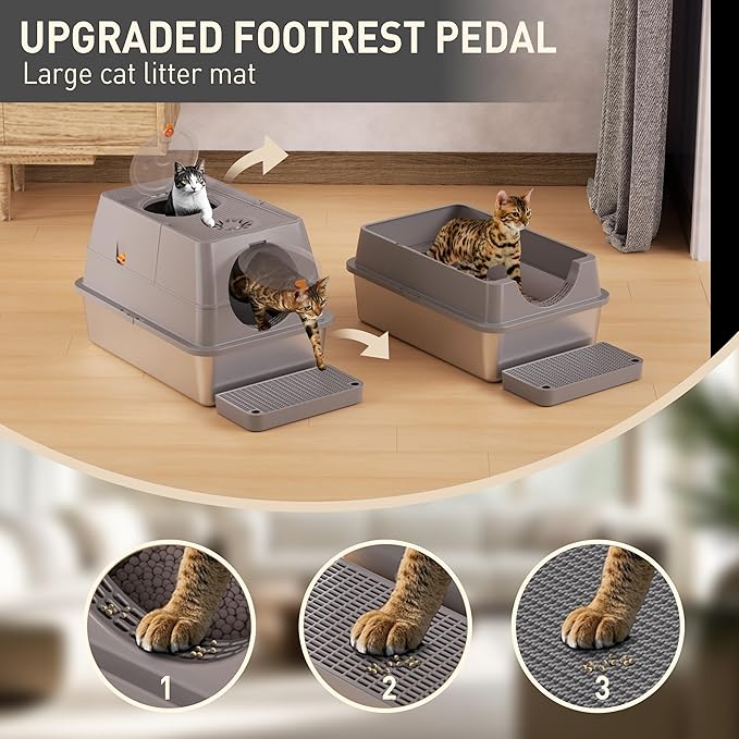 ITYLIFE CITYLIFE Stainless Steel Litter Box with Lid XL Large Enclosed Metal Box Anti-Leakagecat Litter Container Stainless Steel Includes Scoop, Odor Control Easy Cleaning, Light Grey