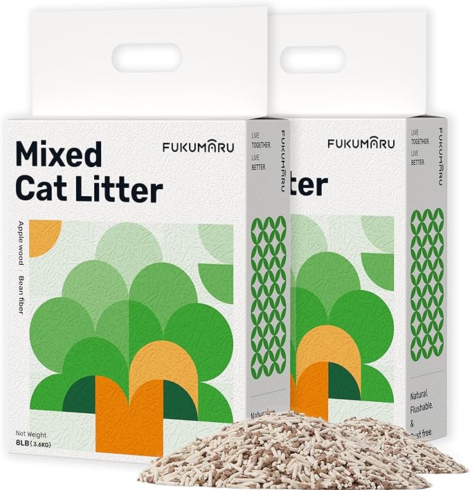 FUKUMARU Tofu Cat Litter, 16 LB Dust Free Clumping Cat Litter Pellets, 100% Natural Ingredients, Lightweight, Flushable, Ultra Absorbent, Low Tracking, Odor Control, Apple Wood Pellets (8lb x 2 Bags)