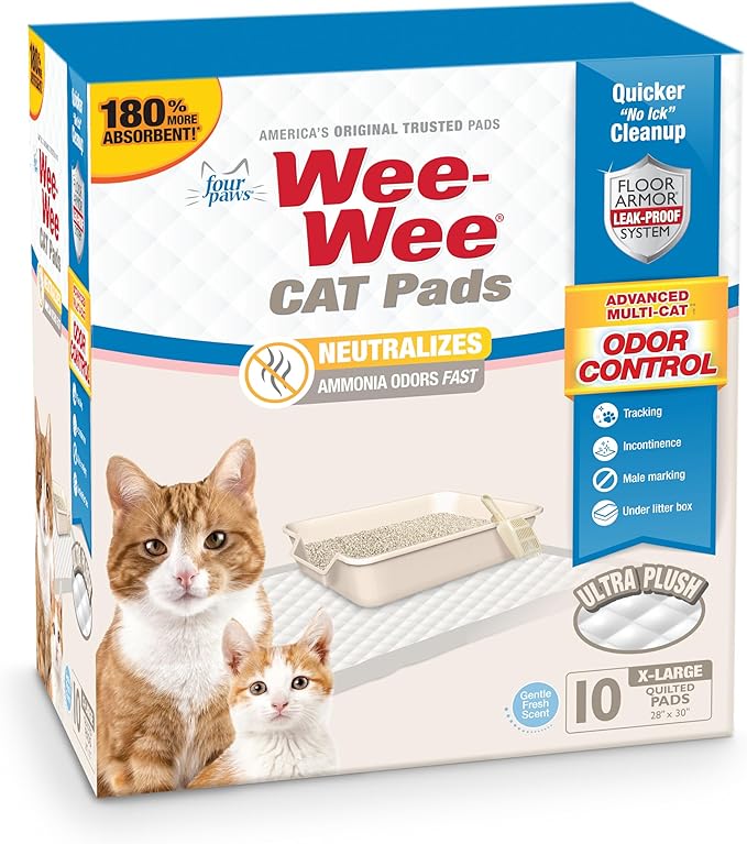 Four Paws Wee-Wee Cat Pee Pads, Disposable Litter Box Mats, Advanced Odor Control, Fast Absorption Box Pee Pads for Litter Tracking, 28" x 30", Fresh Scent, 10 Count