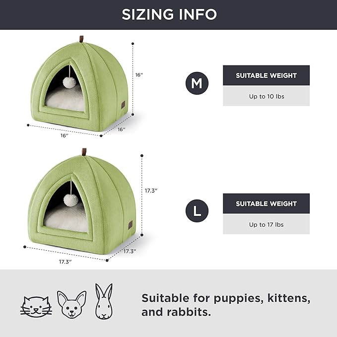 Bedsure Cat Beds for Indoor - 2 in 1 Cat Cave House Tent for Kittens and Small Pets with Removable Washable Cushioned Pillow, Foldable Kitten Hideaway with Non-Slip Bottom, Green, 17.3 inches