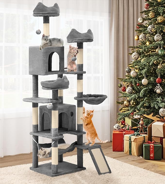 YITAHOME Tall Cat Tree for Indoor Cats, 75 inch Multi-Level Cat Tower with Cat Condos, Top Perches, Sisal Ramp Scratching Posts, Cozy Basket, Hammocks, Large Cat Pet Activity Structure, Light Gray