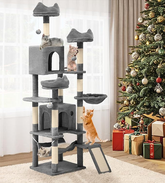 YITAHOME Tall Cat Tree for Indoor Cats, 75 inch Multi-Level Cat Tower with Cat Condos, Top Perches, Sisal Ramp Scratching Posts, Cozy Basket, Hammocks, Large Cat Pet Activity Structure, Light Gray