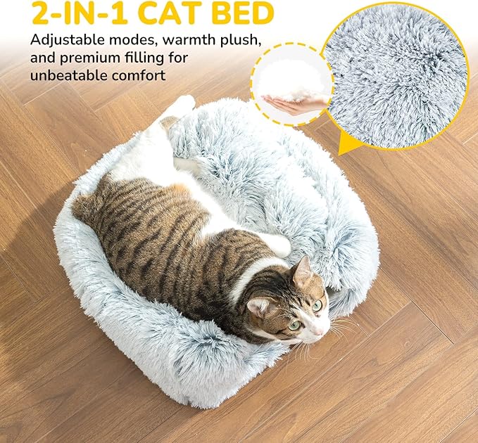 CATISM Cat Bed, Cat Cave for Indoor Cats, Soft Cat Dome, Self-Warming 2 in 1 Foldable Pet Cat House with Washable Cushioned Pillow Calming Fluffy Dog Beds for Small Dogs with Anti-Slip Bottom Gray