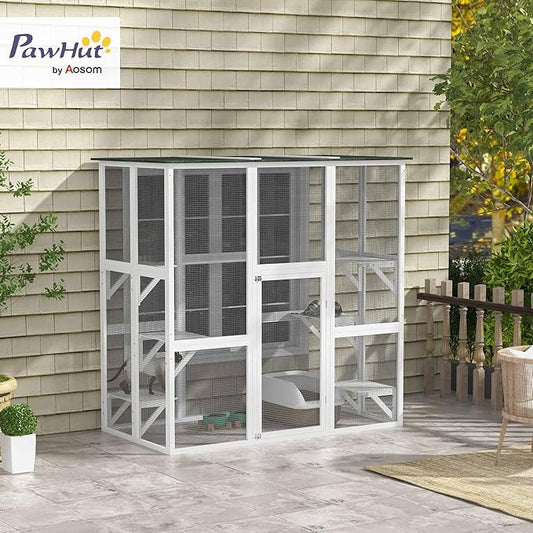 PawHut Outdoor Cat House Big Catio Wooden Feral Cat Shelter Enclosure with Large Spacious Interior, 6 High Ledges, Weather Protection Asphalt Roof, 71" L, White