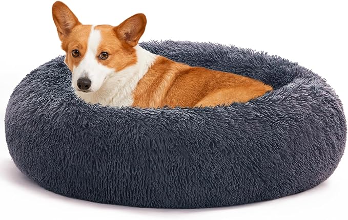Love's cabin Calming Dog & Cat Bed, Cat Bed for Indoor Cats,Anti-Anxiety Donut Round Dog Bed,Fluffy Faux Fur Washable Bed for Small Medium Pet,Beige,Bluish Grey,30"