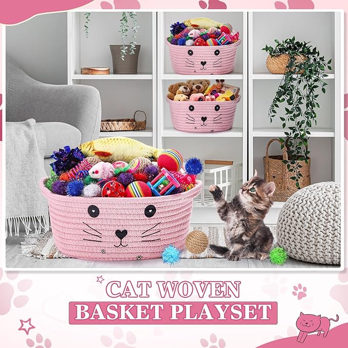 Zopeal 58 Pcs Cat Storage Basket Gift Toys Set, Colorful Flashing Balls Pet Bell Crinkle Balls Spring Toys Attract Cat to Swat, Bite, Hunt, Interactive for Pet(Pink,9.8 Inch)