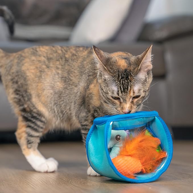 Catstages Hide & Seek Fish Bowl Interactive Cat Toy with Two Catnip Blend Toys, Blue