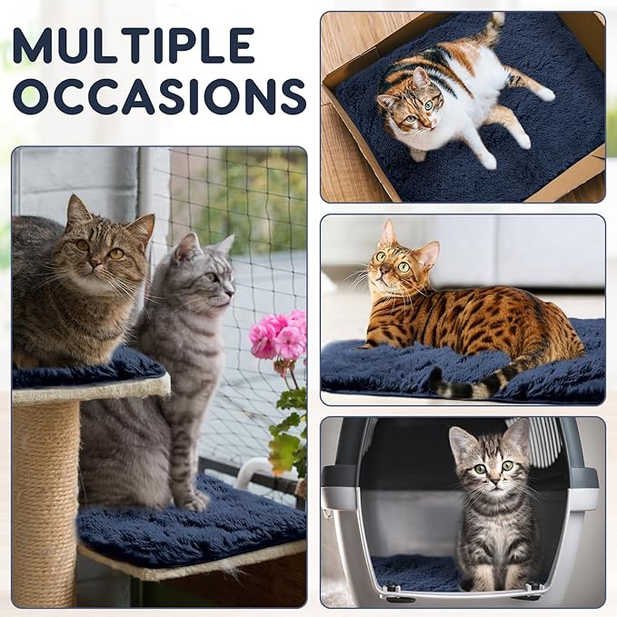 4 Pack Self Warming Cat Bed Pad Self Heating Dog Mat with Fluffy Faux Fur Plush Cat Calming Bed Thermal Mat Washable Pet Pad Anti Slip Bottom for Outdoor Indoor Pets(Navy,16" X 20")