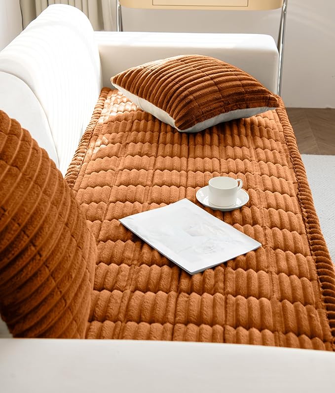 Faux Fur Plush Dog Couch Cover 3D Stripe Fuzzy Sofa Cover Non-Slip Fluffy Dog Bed Cover Pet Blanket Sofa Couch Furniture Protector for Puppy Large Dog Cat (Brown,28"x70")