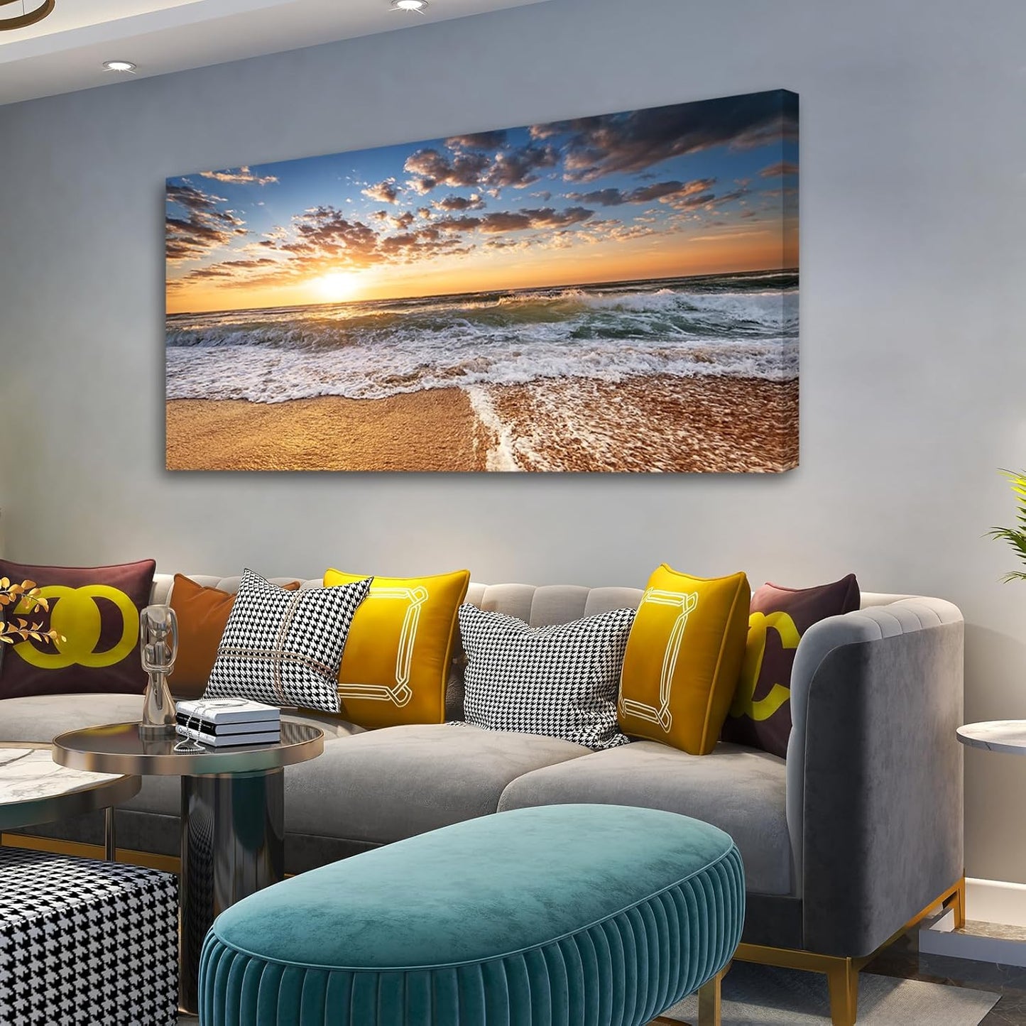 Jiuqinghua Wall Art Decor Large Canvas Print Picture Sunrise over the Sea 1 Panel Ocean Beach Waves Scenery Painting Artwork for Office Wall Decor Home Decoration Stretched and Framed Ready to Hang