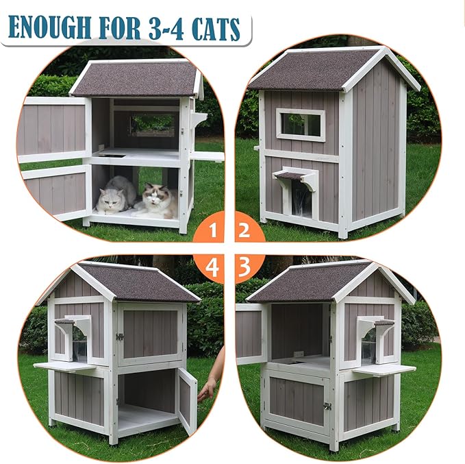 Rockever Outdoor Cat House, 2 Story Outdoor Houses for Feral Cats Wooden Outside Cat Shelter Weatherproof with Escape Door