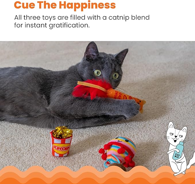 Catstages Pawrty Cat Toys, 3-Pack Catnip Plush Toys with Crinkle, Feathers & Flinger, Multicolored